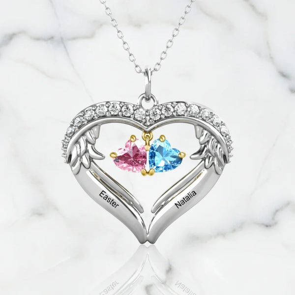 Personalised Sterling Silver Heart Wing Birthstone Necklace – Custom Engraved Names