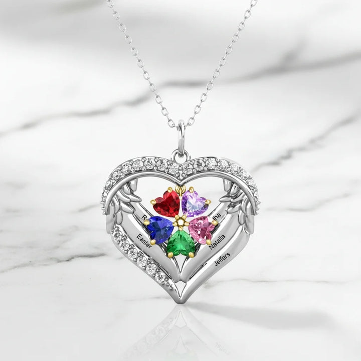 Personalised Sterling Silver Heart Wing Birthstone Necklace – Custom Engraved Names
