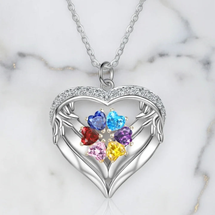 Personalised Sterling Silver Heart Wing Birthstone Necklace – Custom Engraved Names