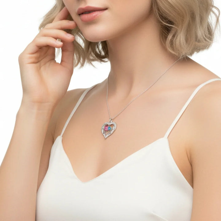 Personalised Sterling Silver Heart Wing Birthstone Necklace – Custom Engraved Names