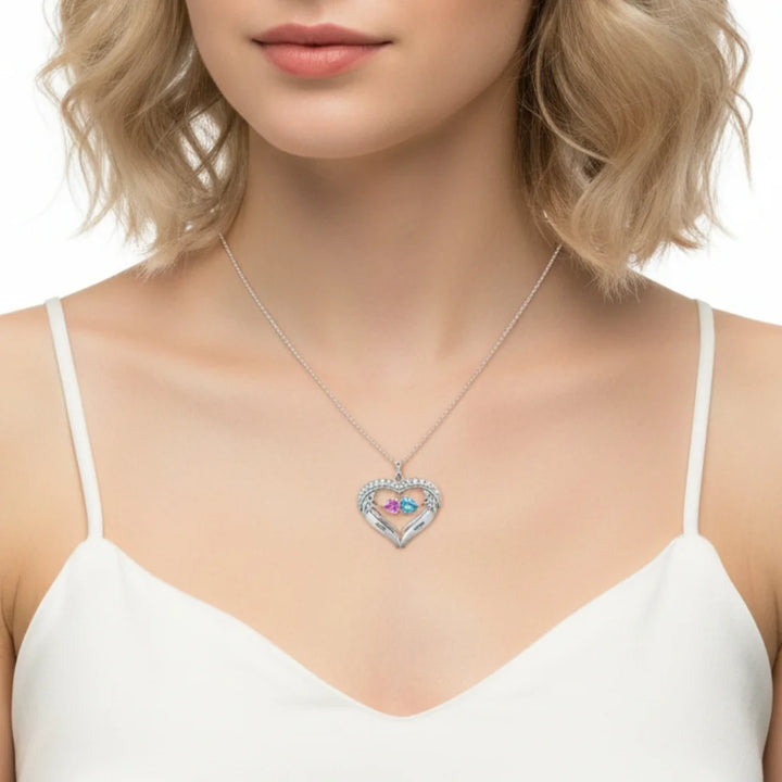 Personalised Sterling Silver Heart Wing Birthstone Necklace – Custom Engraved Names