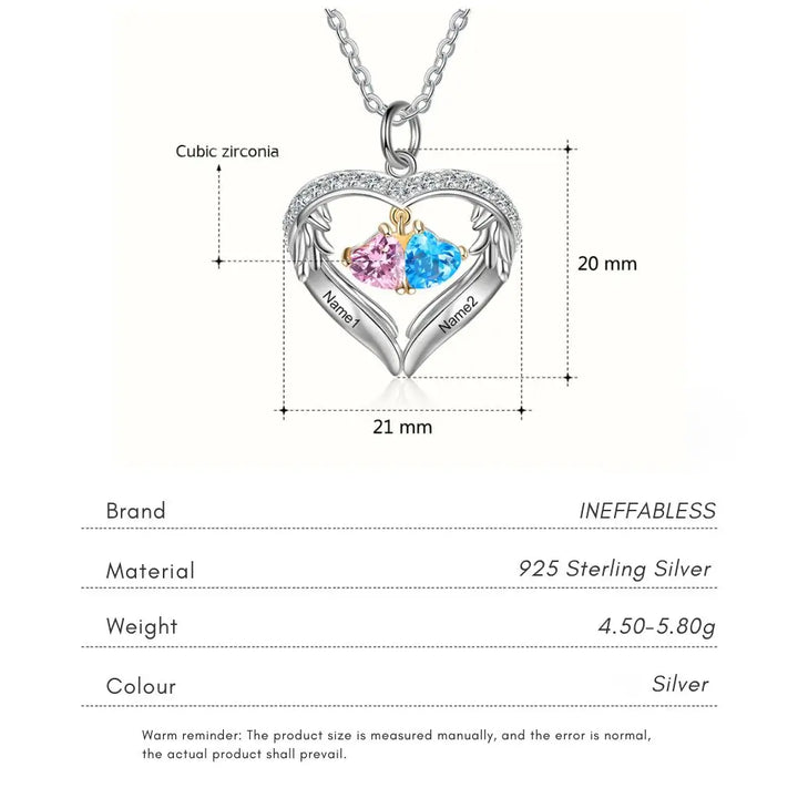 Personalised Sterling Silver Heart Wing Birthstone Necklace – Custom Engraved Names