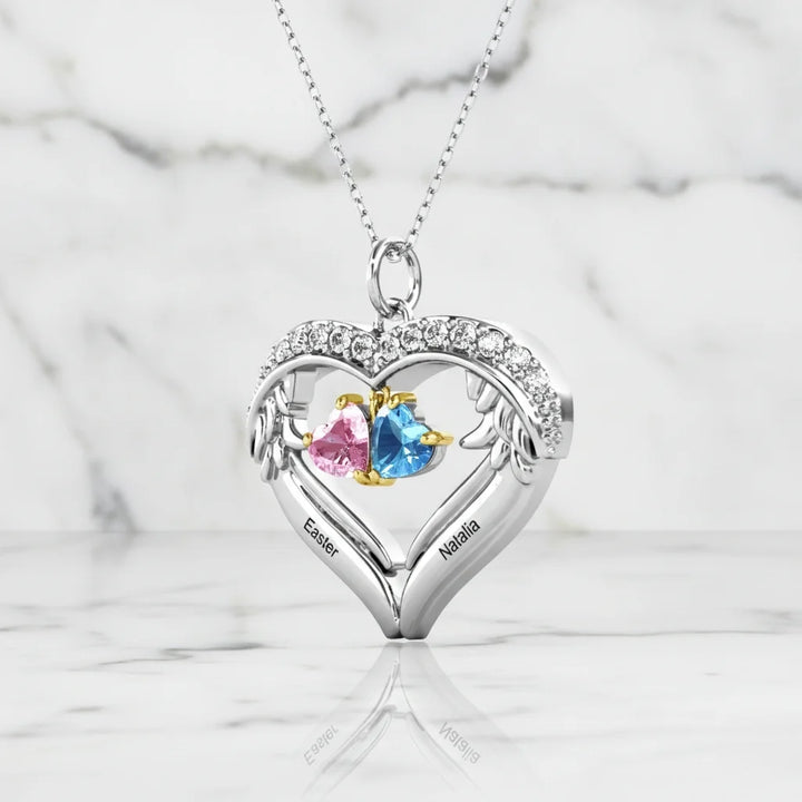 Personalised Sterling Silver Heart Wing Birthstone Necklace – Custom Engraved Names