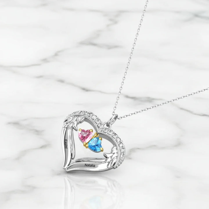 Personalised Sterling Silver Heart Wing Birthstone Necklace – Custom Engraved Names