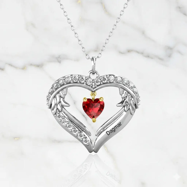 Personalised Sterling Silver Heart Wing Birthstone Necklace – Custom Engraved Names