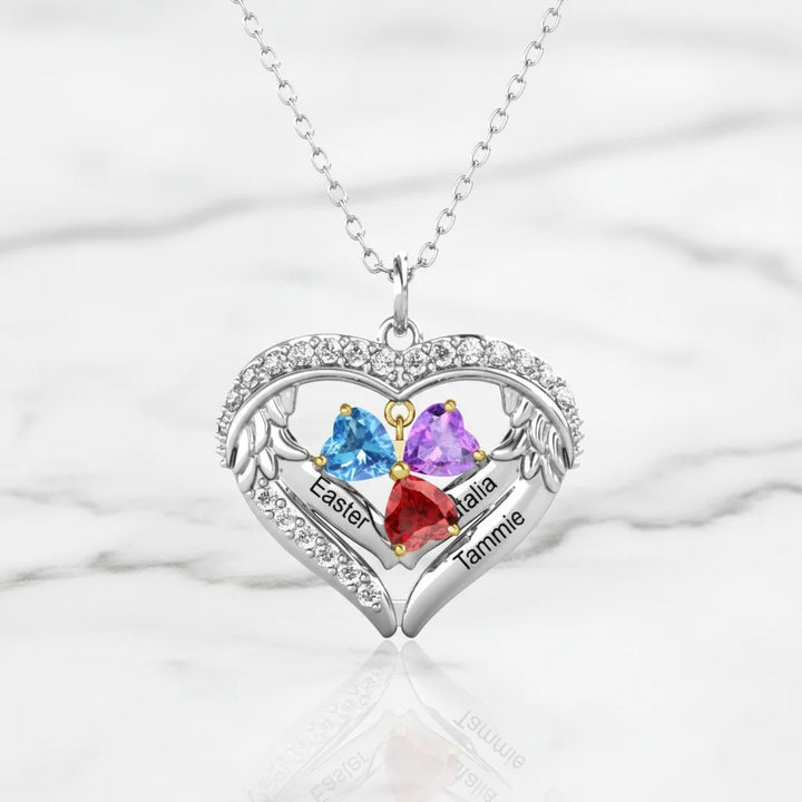 Personalised Sterling Silver Heart Wing Birthstone Necklace – Custom Engraved Names