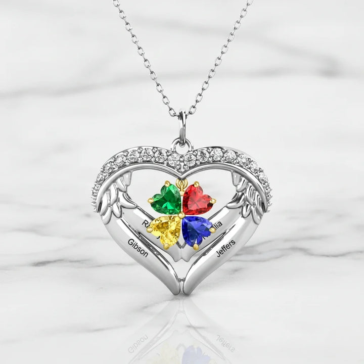 Personalised Sterling Silver Heart Wing Birthstone Necklace – Custom Engraved Names
