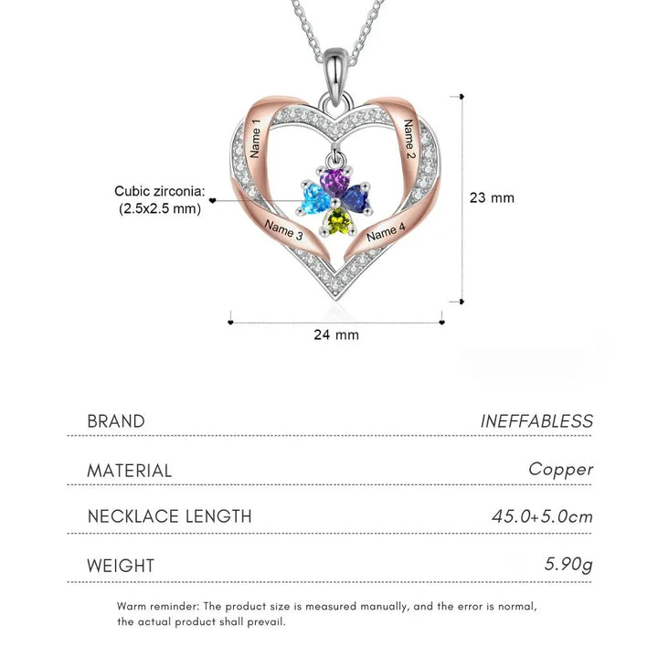 Personalized Heart Birthstone Family Necklace - Engrave 2-4 Names, White Gold Plated Copper