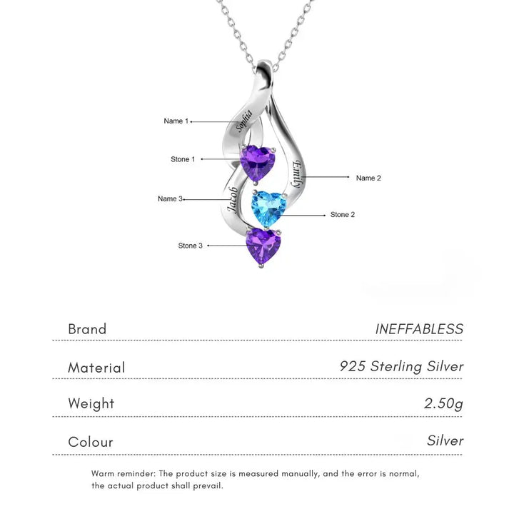 Sterling Silver Personalised Mum Necklace with 3 Engraved Names & Heart Birthstones