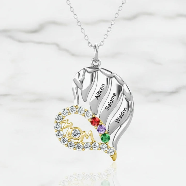 Sterling Silver Winged Heart Mum Necklace – Personalised with Children's Names and Birthstones