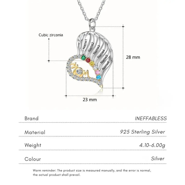 Sterling Silver Winged Heart Mum Necklace – Personalised with Children's Names and Birthstones