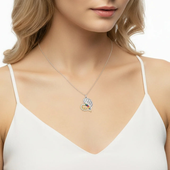 Sterling Silver Winged Heart Mum Necklace – Personalised with Children's Names and Birthstones