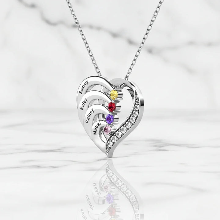 Personalised 4-Name Engraved Heart Necklace with Birthstones in Sterling Silver, Gold, or Rose Gold