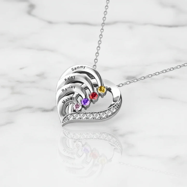 Personalised 4-Name Engraved Heart Necklace with Birthstones in Sterling Silver, Gold, or Rose Gold