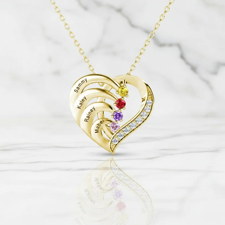 Personalised 4-Name Engraved Heart Necklace with Birthstones in Sterling Silver, Gold, or Rose Gold