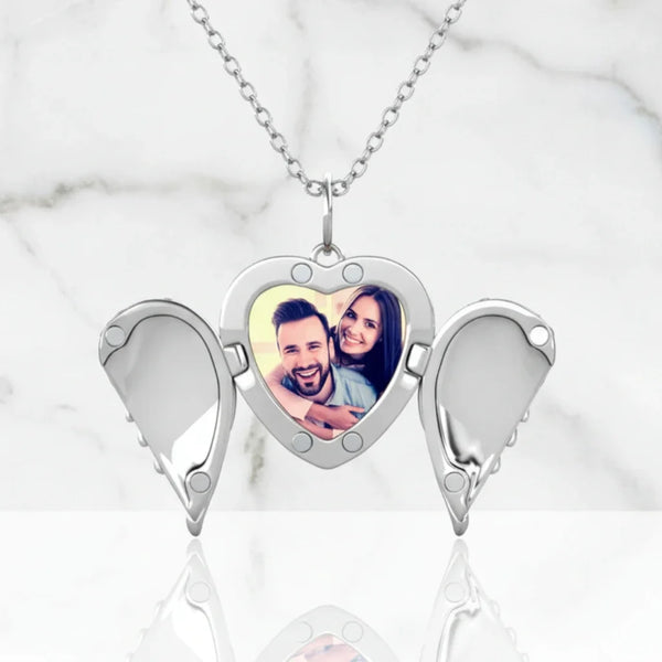Personalised Angel Wings Photo Locket Necklace with Engraving in 925 Sterling Silver