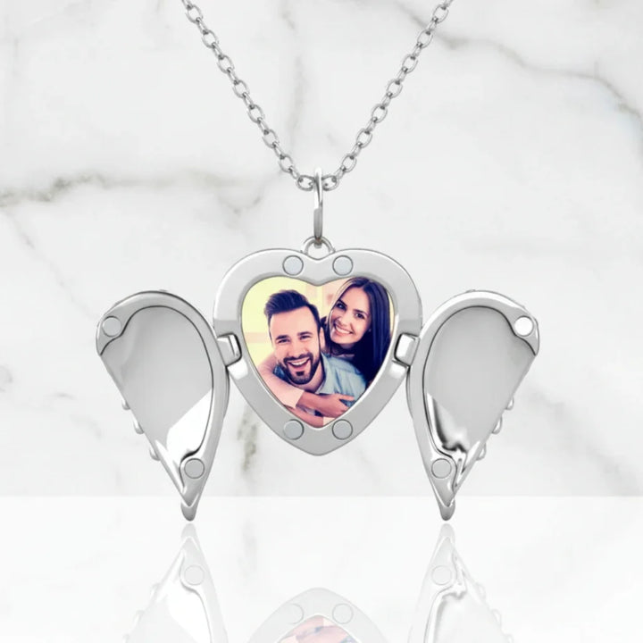 Personalised Angel Wings Photo Locket Necklace with Engraving in 925 Sterling Silver