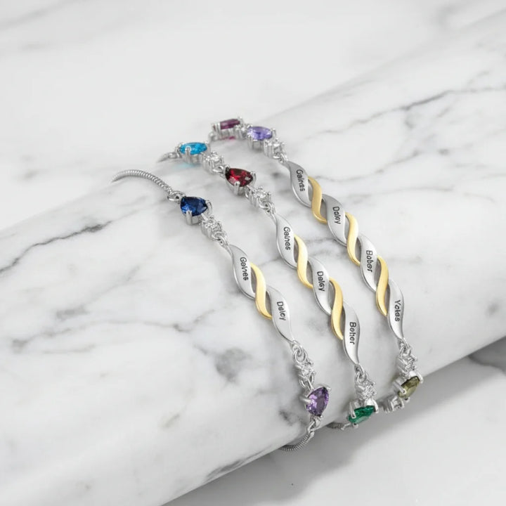Personalised Engraved Mum's Bracelet with 2-4 Heart Birthstones - A Custom Gift for Mother's Day or Birthday