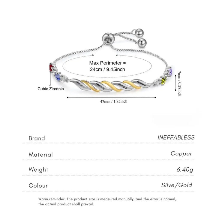 Personalised Engraved Mum's Bracelet with 2-4 Heart Birthstones - A Custom Gift for Mother's Day or Birthday