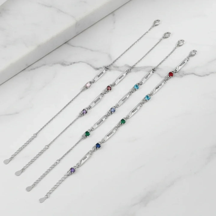 Personalised Family Birthstone & Engraved Name Bar Bracelet - 1 to 5 Names