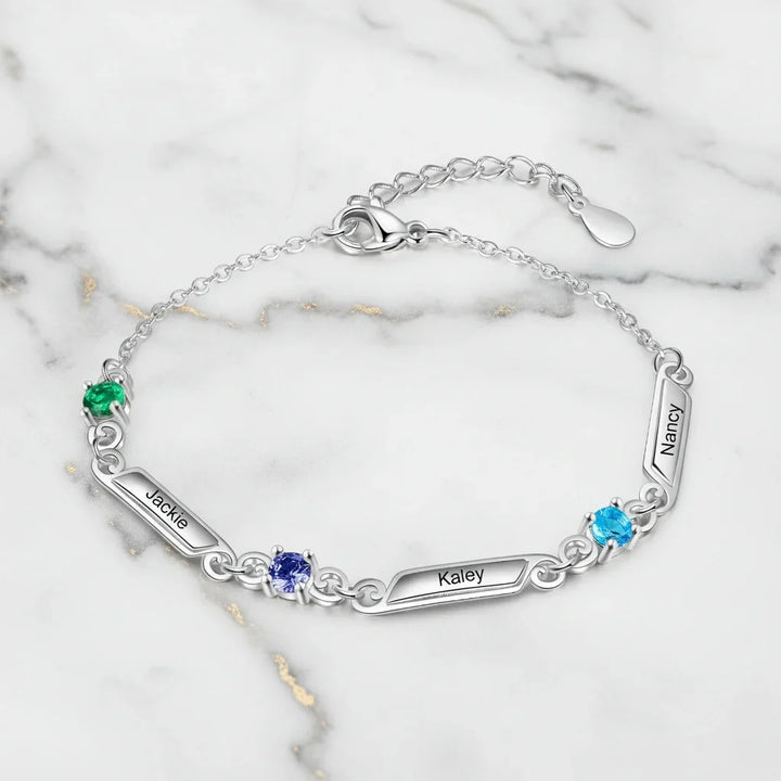 Personalised Family Birthstone & Engraved Name Bar Bracelet - 1 to 5 Names