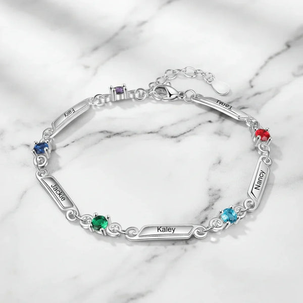Personalised Family Birthstone & Engraved Name Bar Bracelet - 1 to 5 Names
