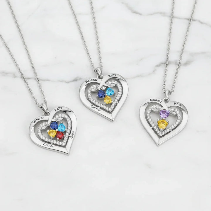 Personalised Heart Birthstone Necklace for Her – Engrave 2-4 Names & Stones