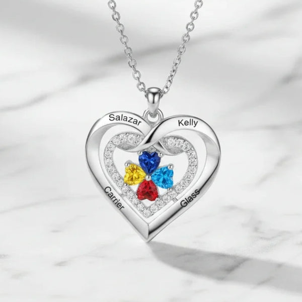 Personalised Heart Birthstone Necklace for Her – Engrave 2-4 Names & Stones
