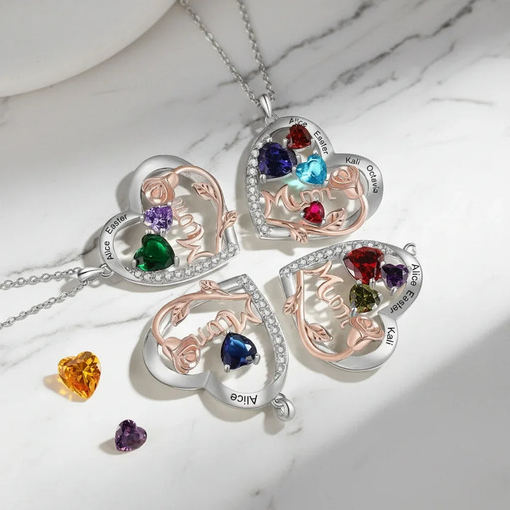 Personalised Heart Birthstone Necklace for Mum - Engraved with 1-4 Names