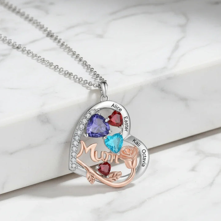 Personalised Heart Birthstone Necklace for Mum - Engraved with 1-4 Names