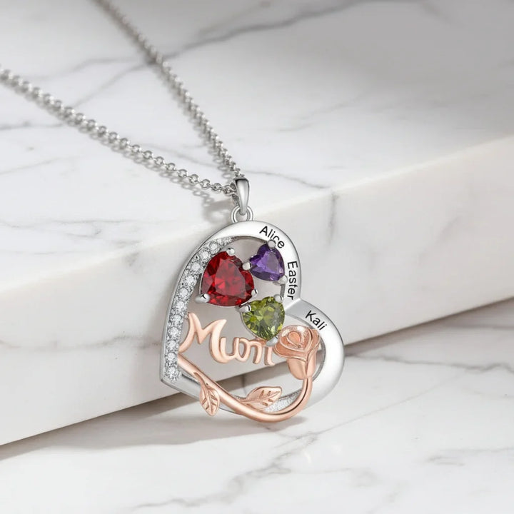 Personalised Heart Birthstone Necklace for Mum - Engraved with 1-4 Names