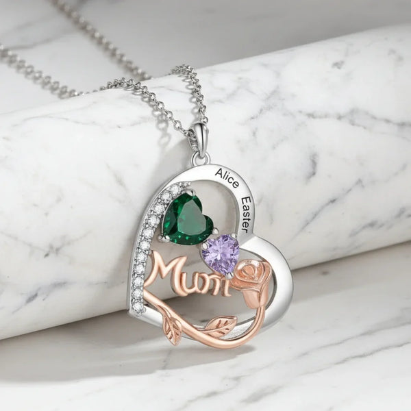 Personalised Heart Birthstone Necklace for Mum - Engraved with 1-4 Names