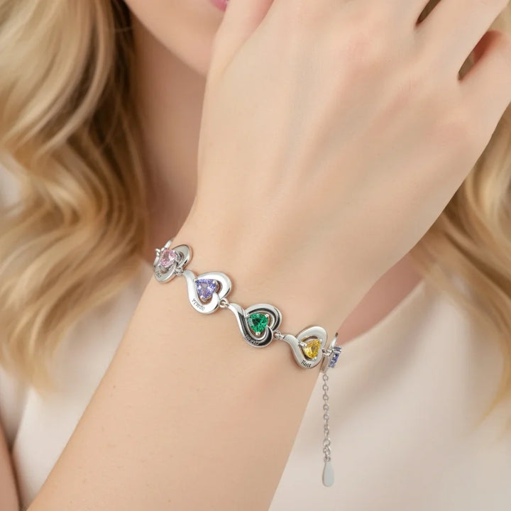 Personalised Heart Link Bracelet with Birthstones & Engraved Names for Family