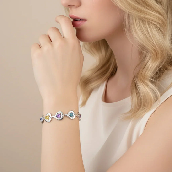 Personalised Heart Link Bracelet with Birthstones & Engraved Names for Family