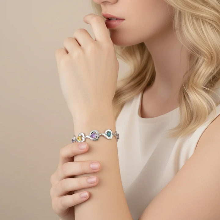 Personalised Heart Link Bracelet with Birthstones & Engraved Names for Family