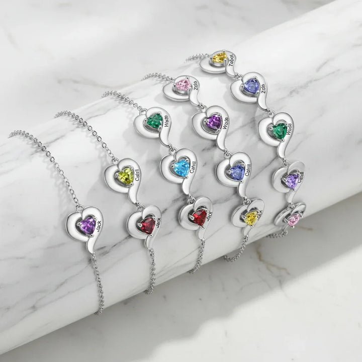 Personalised Heart Link Bracelet with Birthstones & Engraved Names for Family