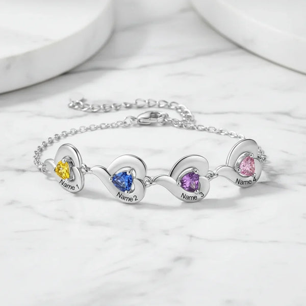 Personalised Heart Link Bracelet with Birthstones & Engraved Names for Family