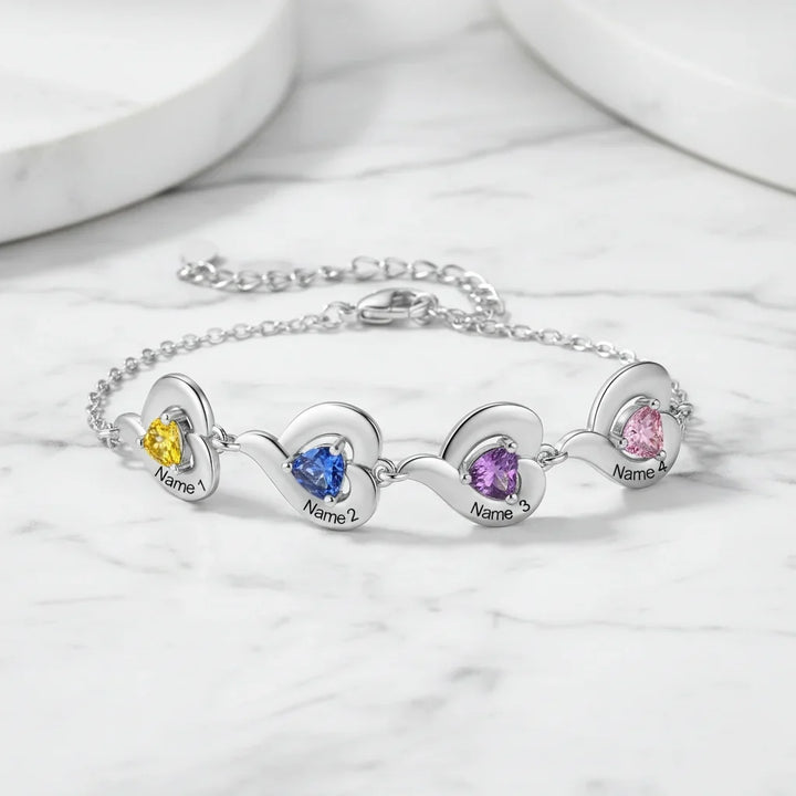 Personalised Heart Link Bracelet with Birthstones & Engraved Names for Family