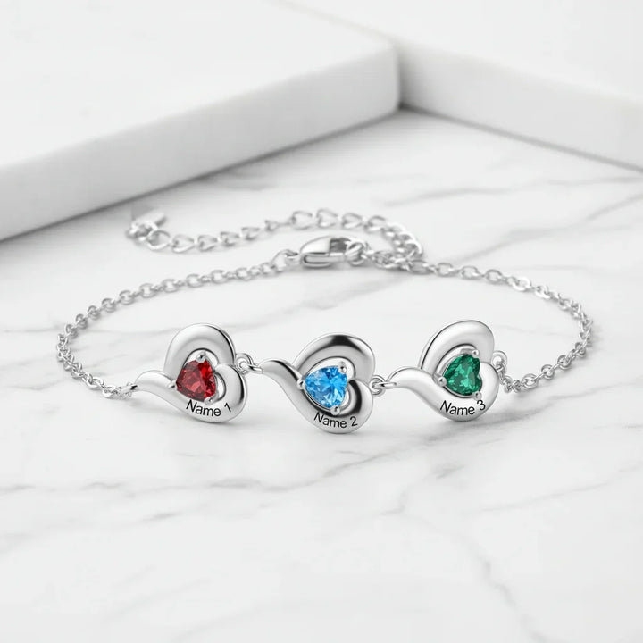 Personalised Heart Link Bracelet with Birthstones & Engraved Names for Family