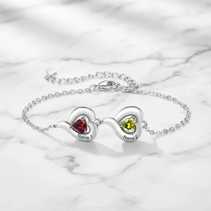 Personalised Heart Link Bracelet with Birthstones & Engraved Names for Family