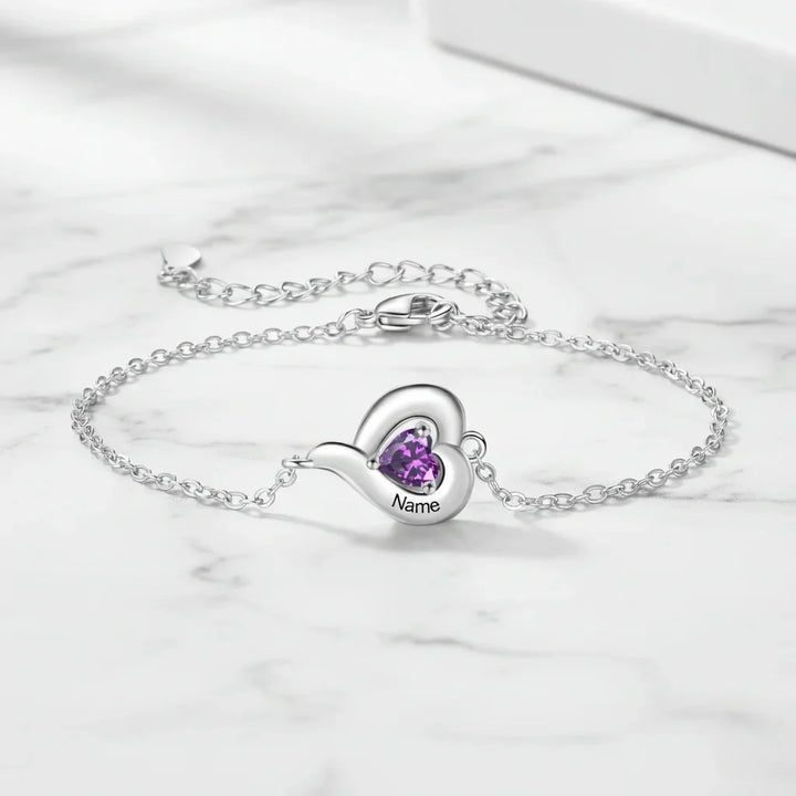 Personalised Heart Link Bracelet with Birthstones & Engraved Names for Family