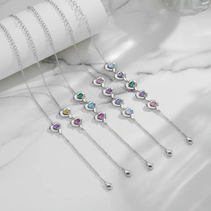 Personalised Heart Link Bracelet with Birthstones & Engraved Names for Family
