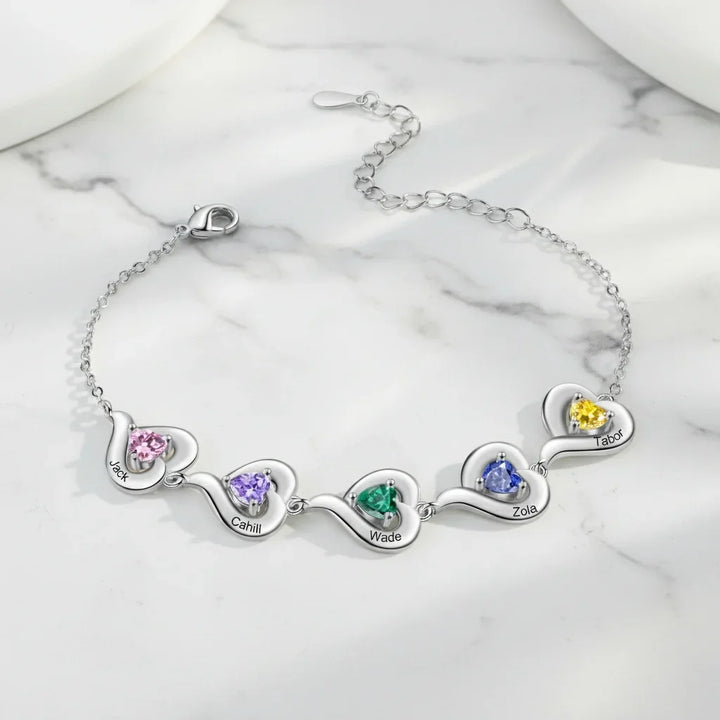 Personalised Heart Link Bracelet with Birthstones & Engraved Names for Family