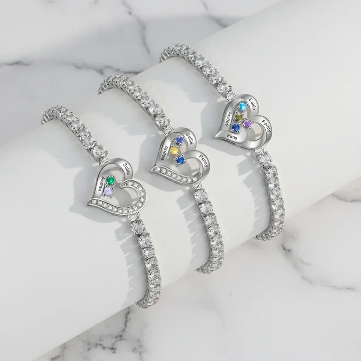 Personalised Heart Name & Birthstone Bracelet for Mum