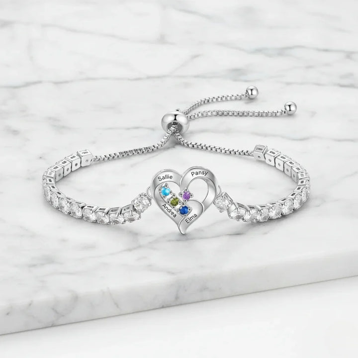 Personalised Heart Name & Birthstone Bracelet for Mum