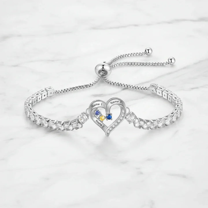 Personalised Heart Name & Birthstone Bracelet for Mum