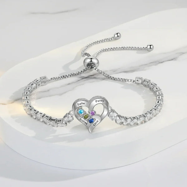 Personalised Heart Name & Birthstone Bracelet for Mum