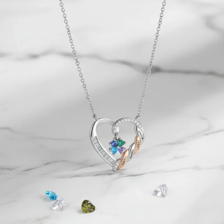 Personalised Heart Necklace for Mum, Birthstone & Engraved 2-4 Names