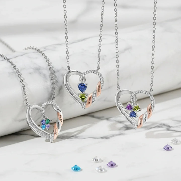 Personalised Heart Necklace for Mum, Birthstone & Engraved 2-4 Names