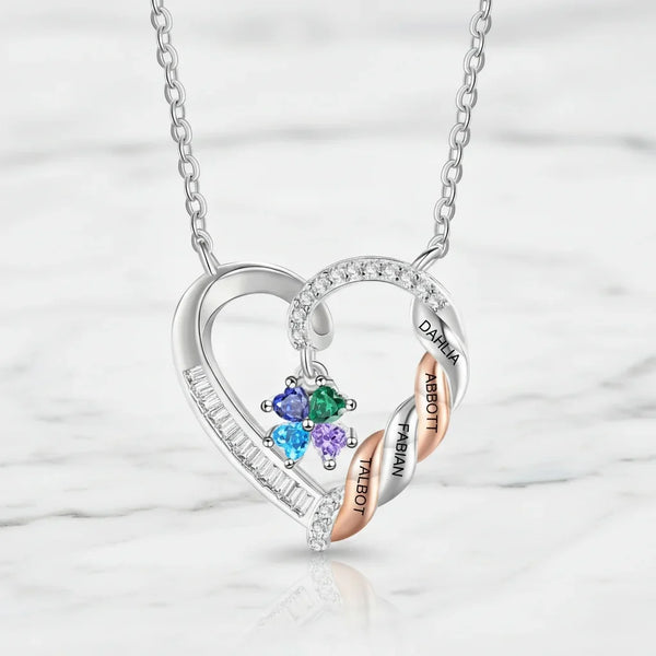 Personalised Heart Necklace for Mum, Birthstone & Engraved 2-4 Names